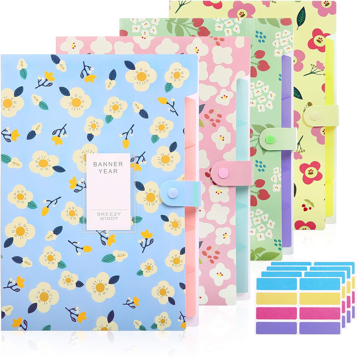 Skydue 4 Pack File Folders with 32 pcs Labels, 5 Pockets Expanding File Folder with Snap Closure A4 Letter Size Accordion Document Organizer for School and Office