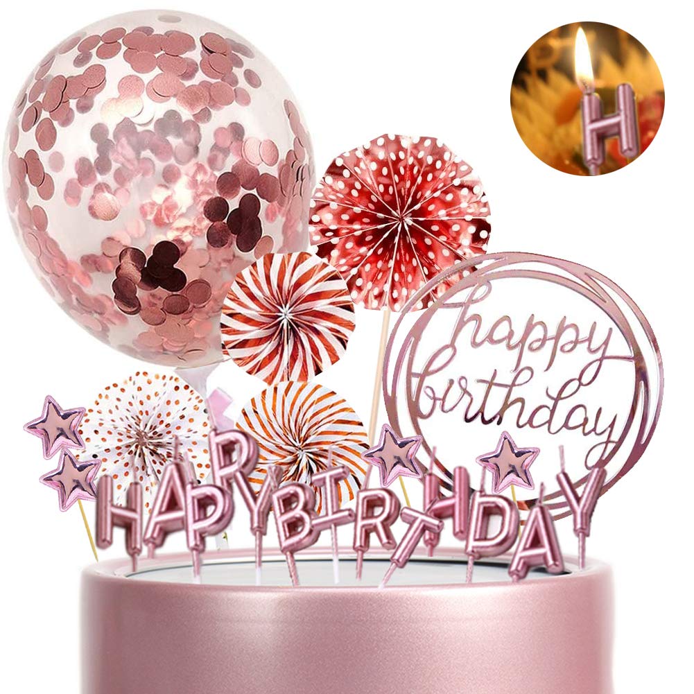 Morofme Rose Gold Cake Topper with Happy Birthday Candles, Acrylic Birthday Cake Topper, Confetti Balloon Paper Fan, Pink Star Cake Cupcake Topper for Rose Gold Theme Party Decor