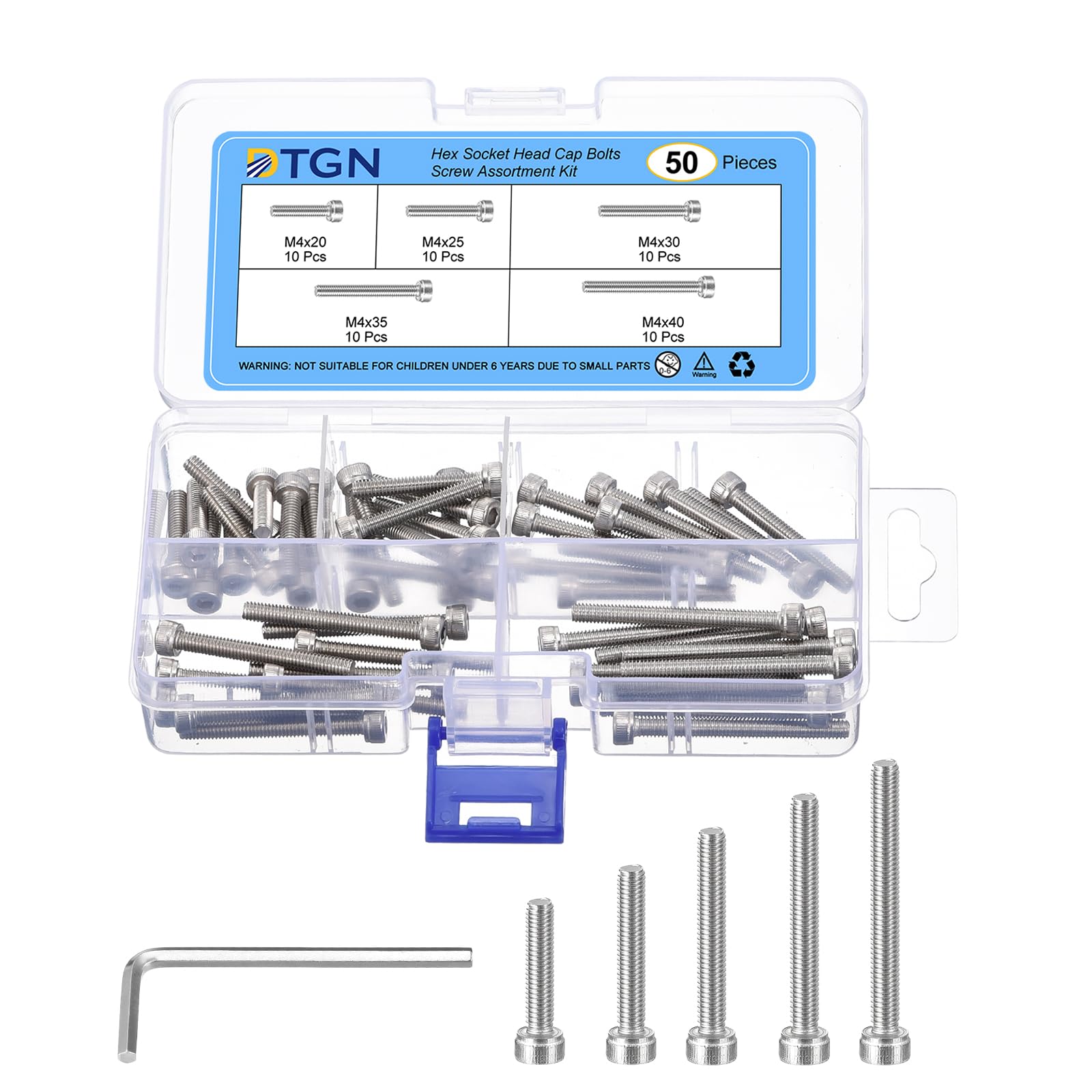 DTGN 50Pcs M4 Metric Screw Assortment, M4 Bolts Socket Head Screws, 304 Stainless Steel M4x20/25/30/35/40 Hex Socket Head Cap Screws Bolt Set With Wrench for 3D Printing DIY