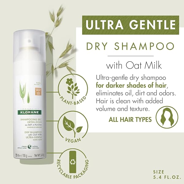 KLORANE DRY SHAMPOO WITH OAT MILK, FOR DARK HAIR, NATURAL TINT, ALL HAIR TYPES, PARABEN & SULFATE-FREE, JUMBO SIZE, 5.4 OZ.