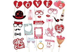 LOVOIR Valentine's Day Photo Booth Props Kit, 27 Pcs Red Pink Celebrate Valentine Day Photo Props Glasses Kiss Wine Flower Diamond for Photoshoot Valentine Day Fun Props Wedding Party Decorations