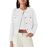 Women's Tweed Blazers Long Sleeve Business Button Down Casual Cropped Blazer Jackets with Pockets