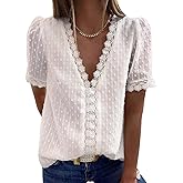 Dokotoo Boho Tops for Women Lace Crochet V Neck Swiss Dot Tunic Tops Dressy Casual Pom Pom Short Sleeve Blouses Shirts