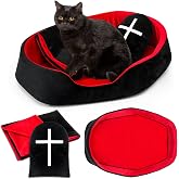 Memorywuu 3 Pcs Gothic Coffin Cat Bed Set 19" Red Black Cat Bed Washable | Black Tombstone Pillow, Red and Black Blanket, Anti-Slip Bottom, Anti-Anxiety, Pet Furniture Activity Center for Halloween