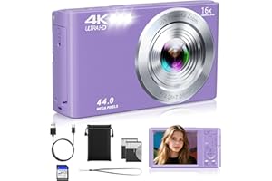CEYE Digital Camera, FHD 4K 44MP Compact Point and Shoot Cameras with 64GB SD Card 2 Batteries, 16X Autofocus Digital Zoom Small Camera for Teens Kids Boys Girls