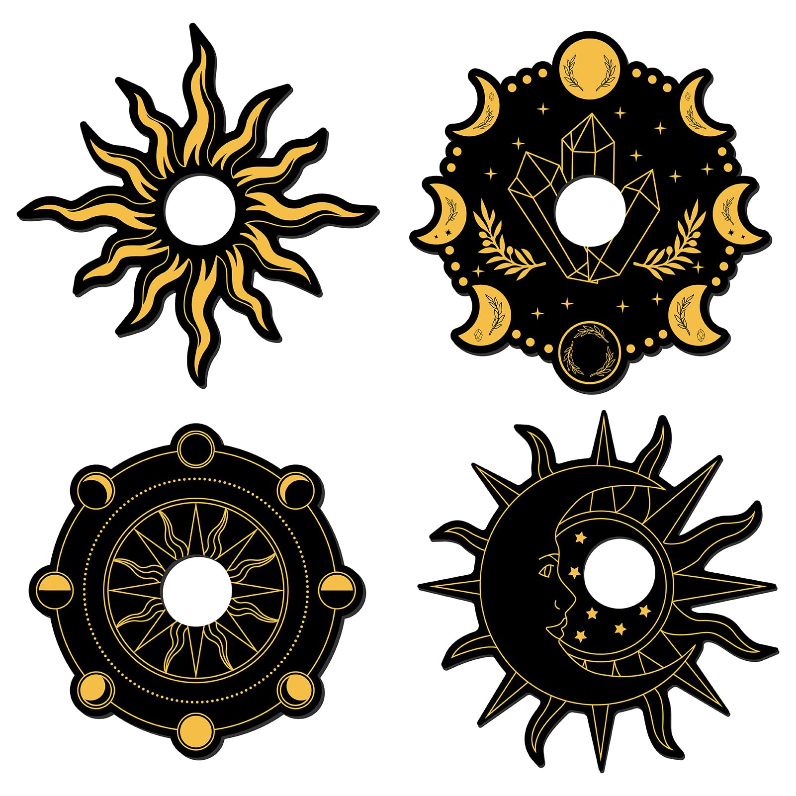 CREATCABIN 4Pcs Crystal Ball Base Holder Wooden Crystal Sphere Display Stand Mini Witch Stuff Wiccan Altar Decor Witchy Supplies Small Tray for Ball Stones Rock Witchcraft(Black Sun)