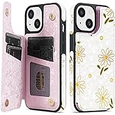 NNH Compatible with iPhone 15 Wallet Case with RFID Blocking Card Slots Folio Flip PU Leather Kickstand Double Magnetic Clasp Design Cover for iPhone 15(6.1 inch-White Little Daisy)