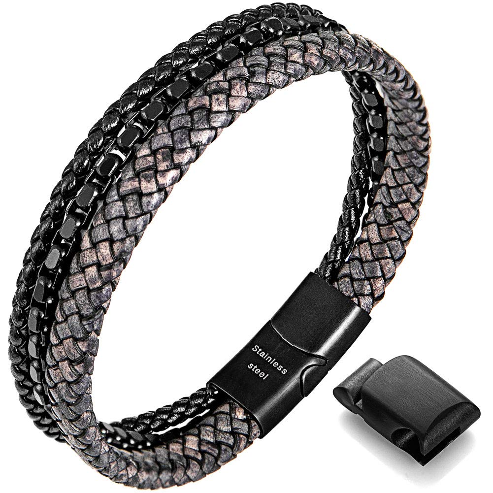 Speroto Mens Leather and Steel Bracelets, Chain Bracelets with Magnetic Clasp,Braided Bracelets for Men (Grey, 8.7)