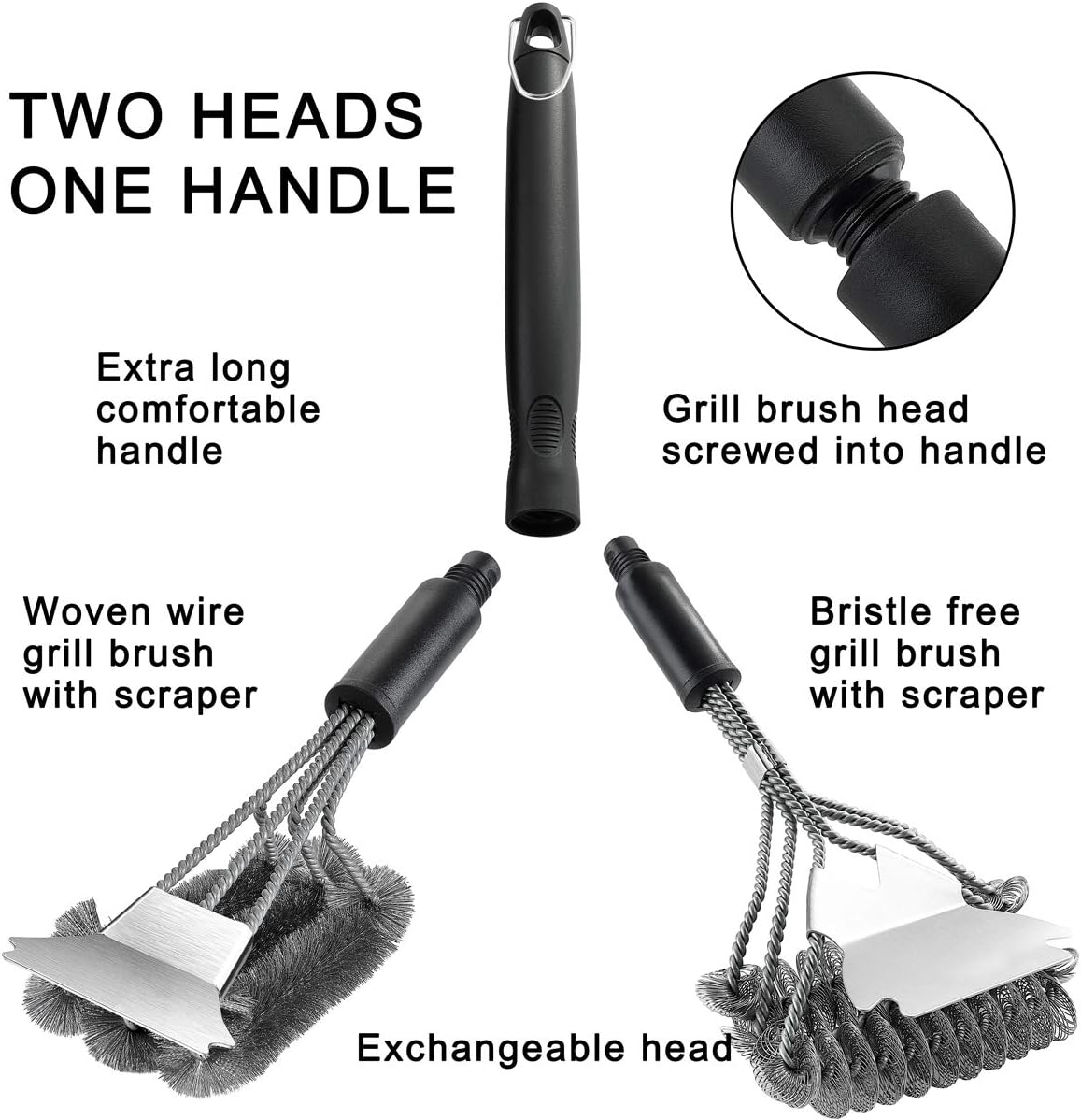 grilljoy 4PC Heavy Duty Safe BBQ Cleaner - Bristle Free& Wire Bristle Grill Brush Head with Scraper in Carrying Bag - Exclusive Barbecue Grill Brushes Set for All Grates - Universal Grill Tools Set: Home & Kitchen