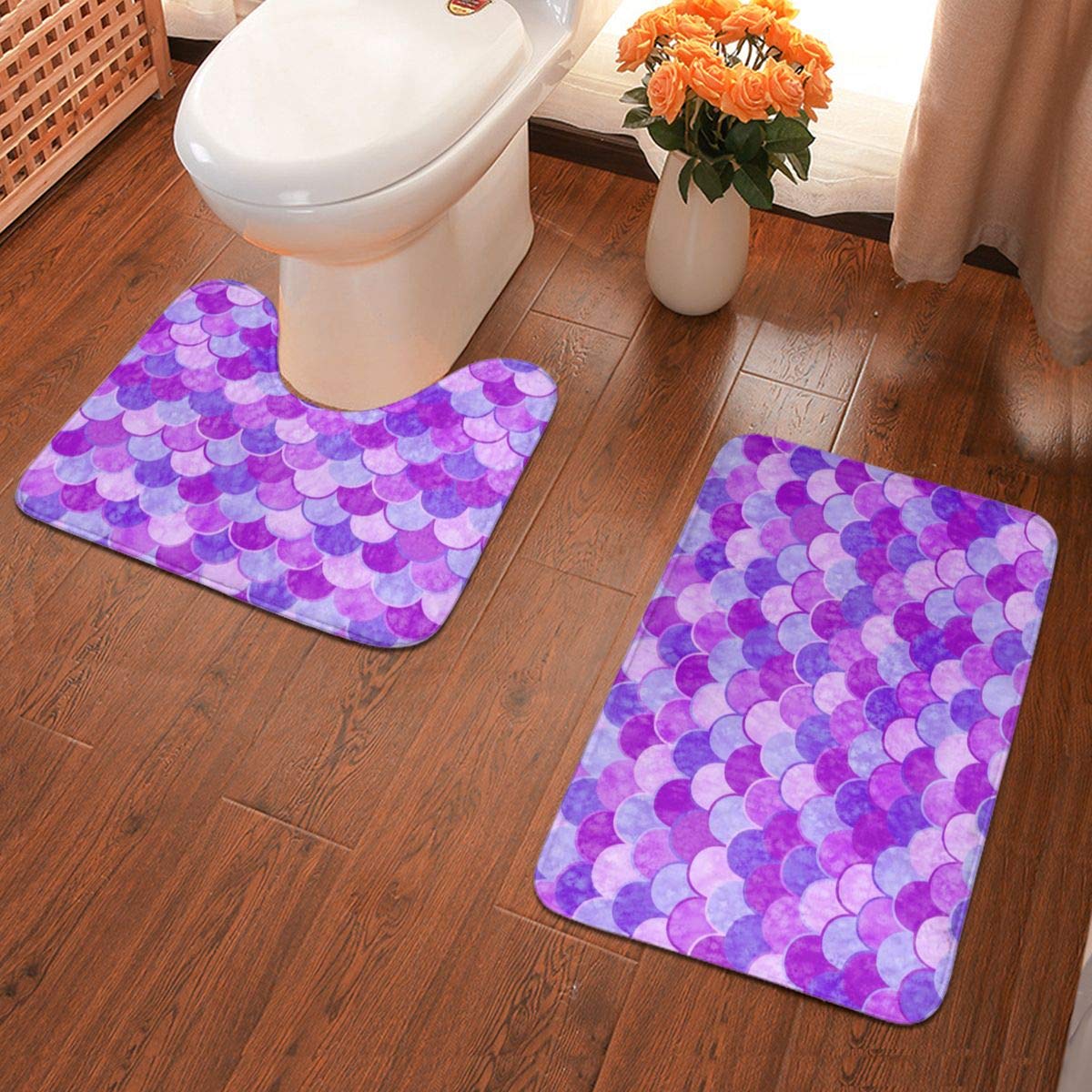 NiYoung Absorbent Toilet Carpet Rugs Purple Mermaid Scale 2 Pack Bathroom Rug Shag for Tub and Shower, Quick Dry Anti-Skid Entryway Rug (1 Floor Pad Rugs + 1 Contour Mat)