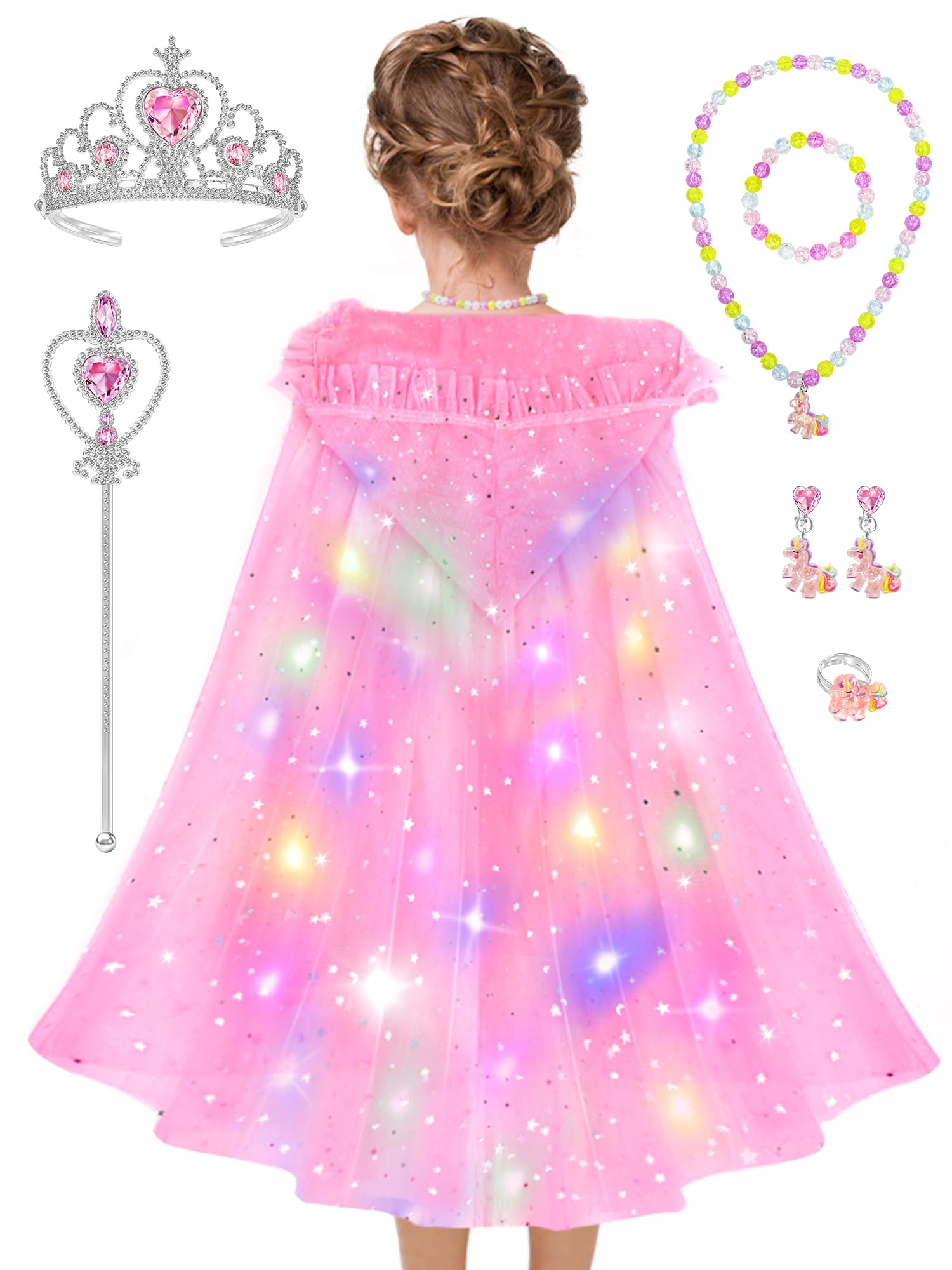 Photo 1 of ***(MISSING PARTS/ MINOR DAMAGE)***VENSEEN Princess Dress Up Cloth for Girl 3 4 5 6 7 8, Kids Light Up Cape with Toy Wand, Toddler Birthday Party Costume, Pink Pretend Play Set Christmas Gift