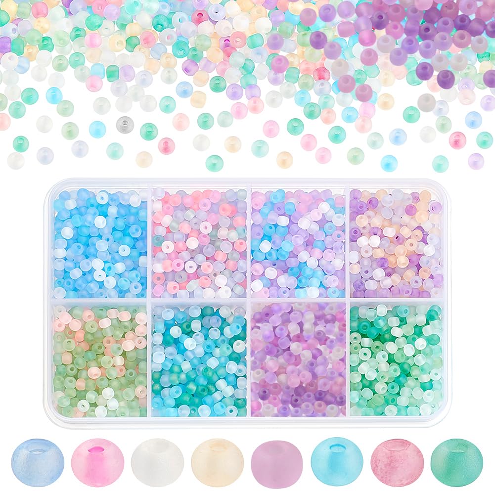 PH PandaHall 2104pcs 8 Colours Candy Glass Seed Beads 3mm Frosted Glass Beads Mini Spacer Bead Waist Bead for Earring Bracelet Necklace Key Chain Crafts Jewellery Making