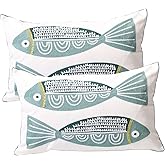 UnionKK 2 PCS Embroidered Throw Pillow Cover Cotton Decorative Rectangle Cushion Cases for Home Sofa Bed and Chair 12 x 20 Inch (Blue Fish-Lumbar)