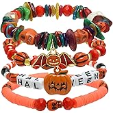 Artlunar 4pcs Halloween Bracelets for Women Skull Pumpkin Bat Charm Bracelet Stackable Boo Witch Hat Stretch Bracelet for Women as Party Gifts(Halloween-F)