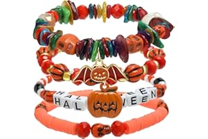 Artlunar 4pcs Halloween Bracelets Skull Pumpkin Bat Charm Bracelet Stackable Boo Witch Hat Stretch Bracelet for Women