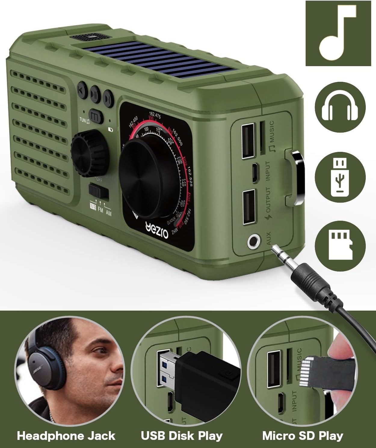 Solar Crank Emergency Radio, YEZRO NOAA/AM/FM Portable Weather Radios with Flashlight, SOS Alarm, USB Phone Charger, MP3 Player, 2200mHA Power Bank for Home Outdoor (Green): Home Audio & Theater