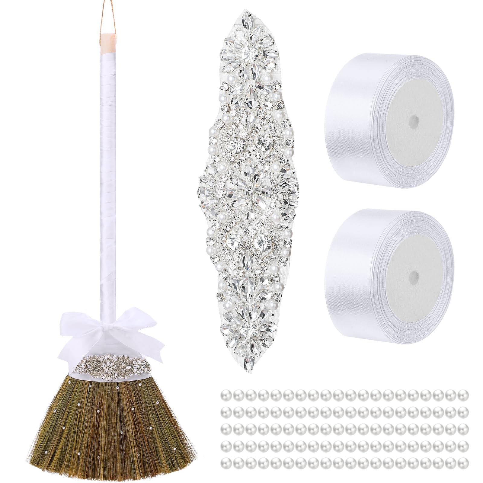 Photo 1 of Yungyan Wedding Brooms for Jumping Ceremony DIY Bride Bridegroom 11.81 x 28.74 Inch Whisk Wedding Jumping Brooms with White Ribbons Artificial Pearl for African American Ceremony Crafts