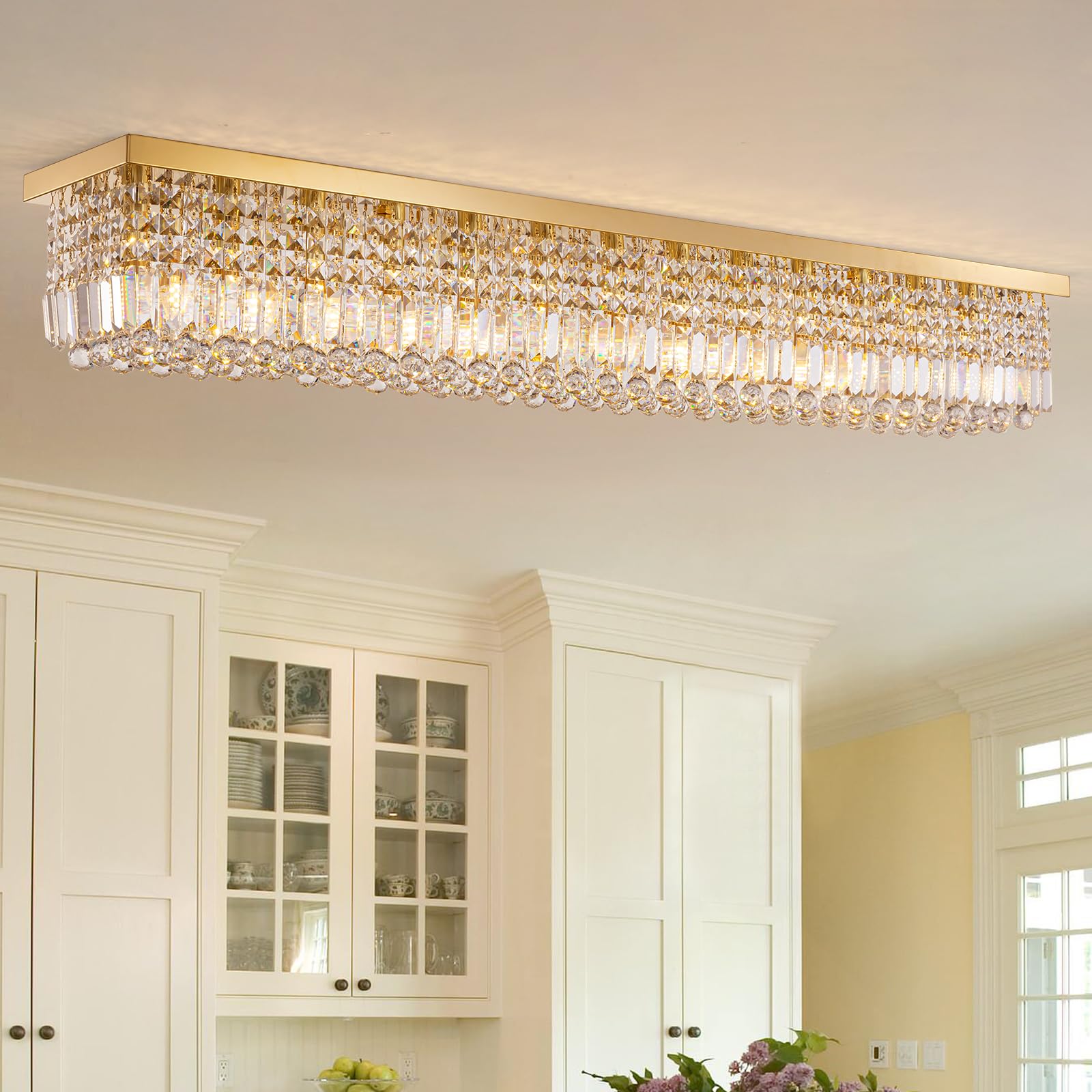 Photo 1 of WECHAET Large Modern Crystal Chandeliers for Dining Room Light Fixture, 13-Light Gold Rectangle Chandelier Ceiling Light for Kitchen Island Living Room, L59 Inch