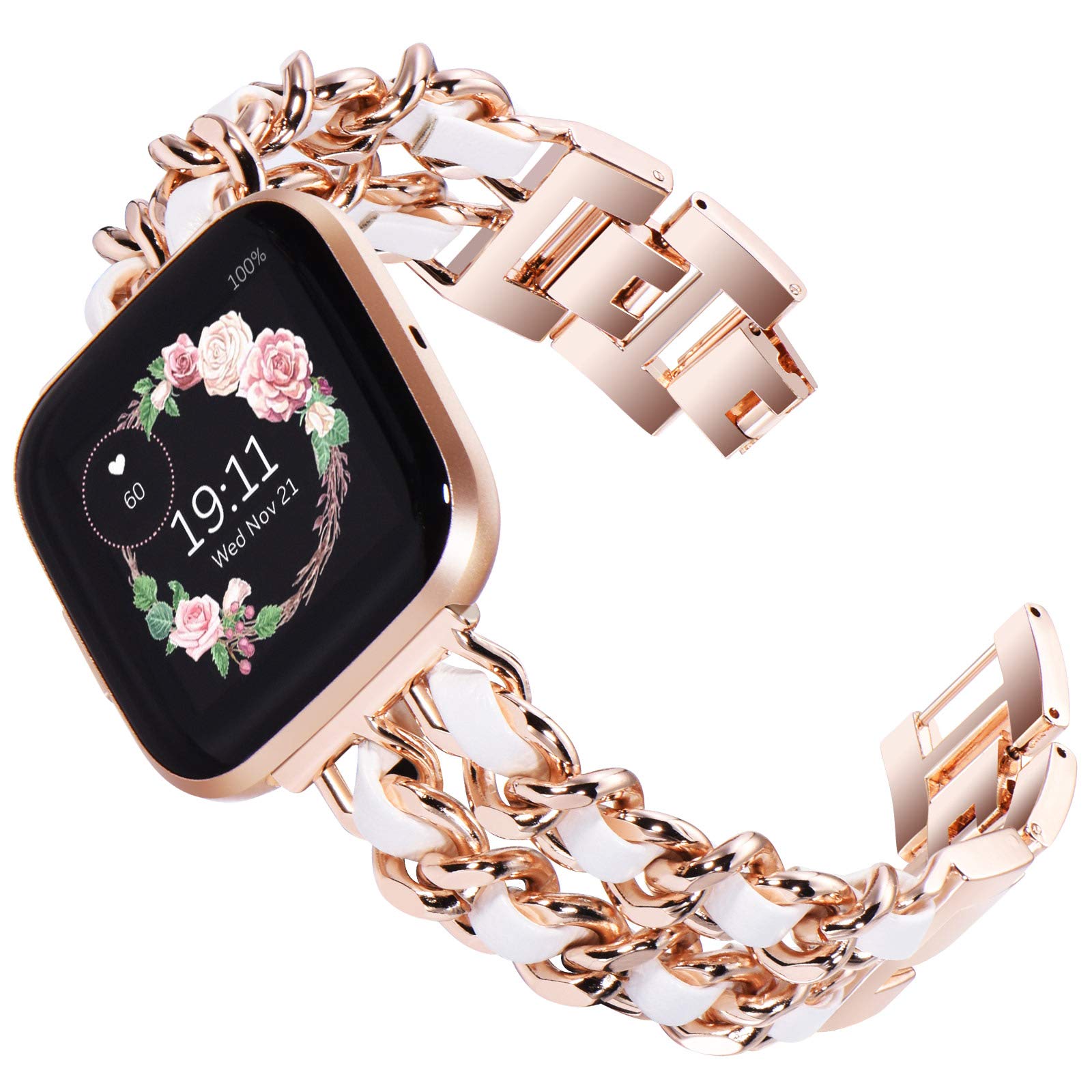 KADES Compatible with Fitbit Versa 2 strap, Women Bracelet Stainless Steel Replacement band with Quick Release Pin for FitbitVersa Lite Edition Men Women, Rose Gold/White โ image 1