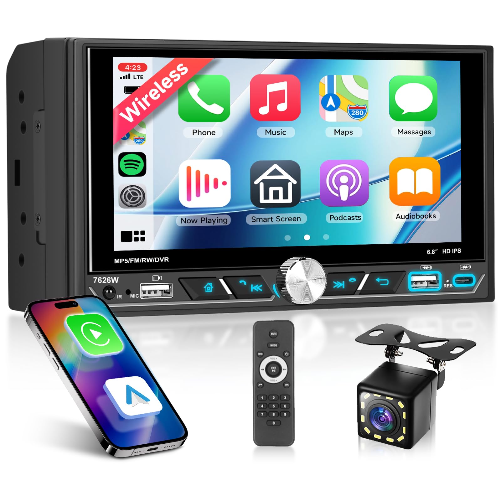 Photo 1 of Wireless CarPlay/Android Auto Double Din Car Stereo, 6.8" HD IPS Touch Screen Radio, Bluetooth 5.2, Mirror Link, AM/FM Radio, Type-C Charging, Dual USB, SWC+Backup Camera