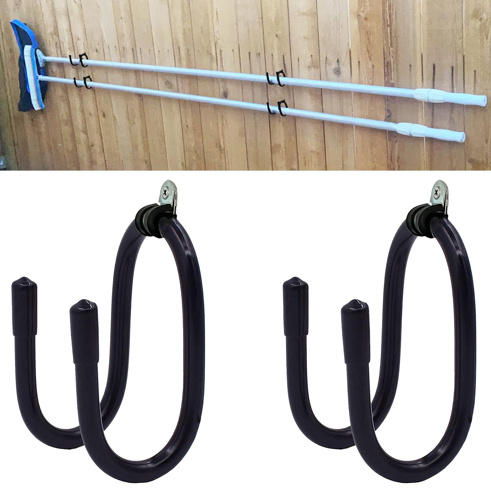 2 Pack Pool Pole Hanger/Hook, Pool Cleaning Tool Holder and Organizer for Pool Poles, Skimmers, Leaf Rakes, Nets, Brushes, Hose, use to Hang Pool Accessories on Pool Fence/Wall, is Rust Resistant