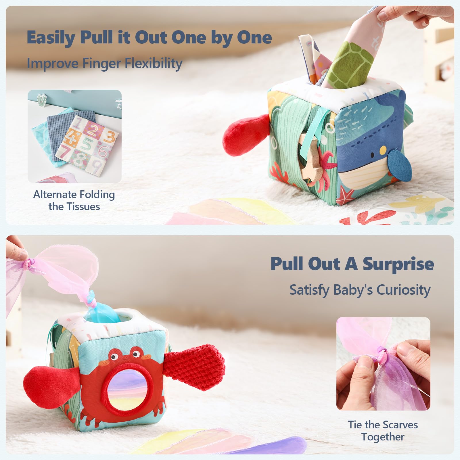 Macabaka Baby Tissue Box Toy, Montessori Sensory Toys for 6-12 Months, 6 Month Old Baby Must Haves, with Crinkle Paper, Silk Scarves, Safety Mirror, Perfect Early Learning Gift