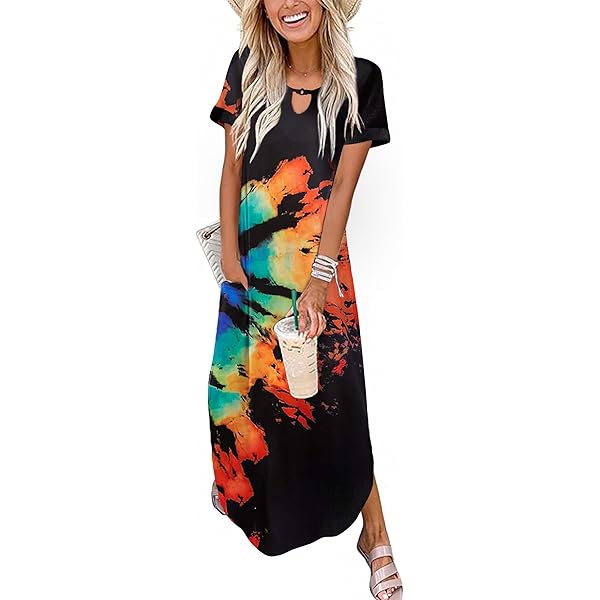 Amazon.com: Women's Summer Maxi Dress Casual Loose Pockets Long Dress Short  Sleeve Split Black Sunflower L : Clothing, Shoes & Jewelry
