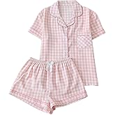 Verdusa Women's Plus Size 2 Piece Cute Pajama Sets Plaid Loungewear Button Down Shirts with Shorts