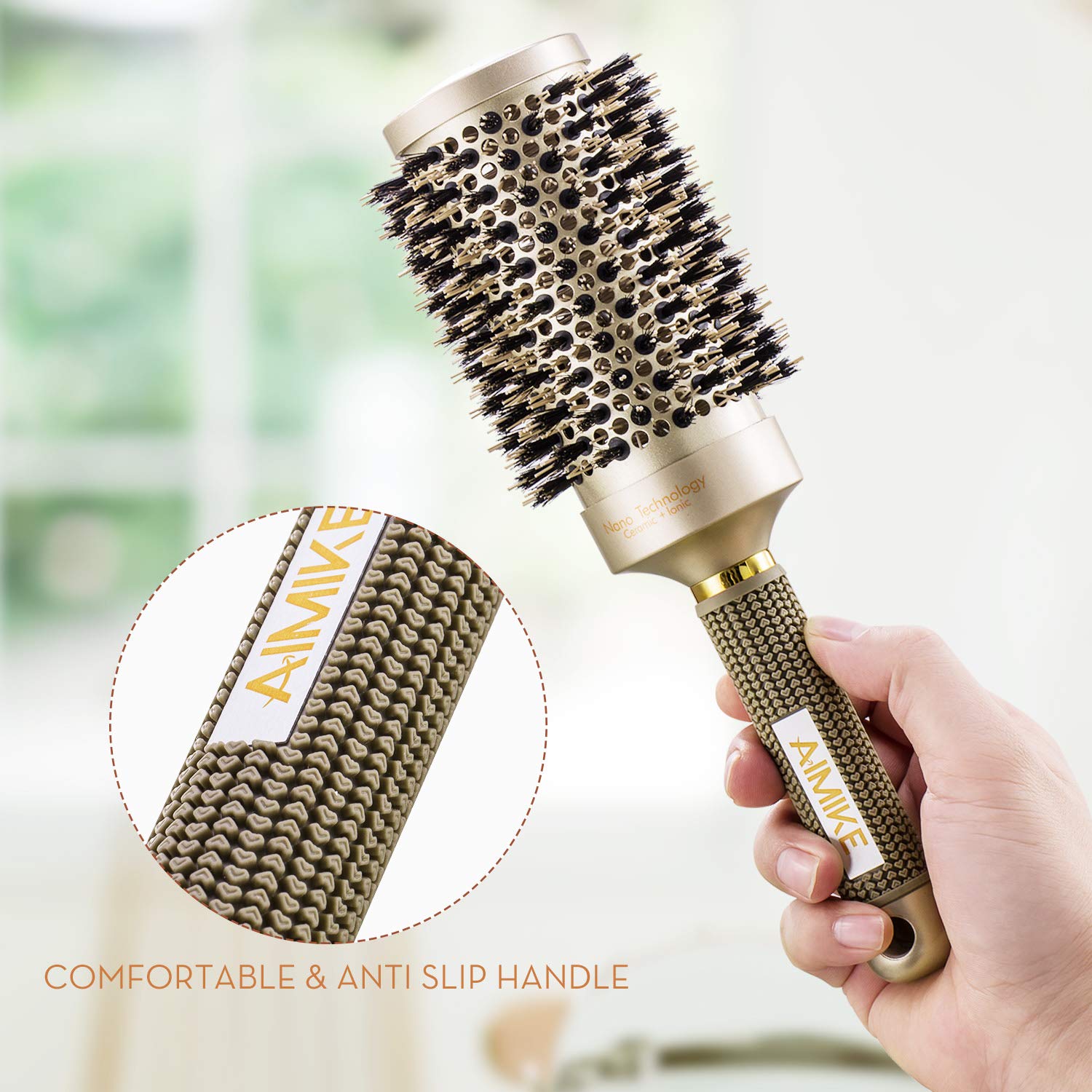 Round Brush, Nano Thermal Ceramic & Ionic Tech Hair Brush, Round Barrel Brush with Boar Bristles, Enhance Texture for Hair Drying, Styling, Curling and Shine (Barrel 2.1 inch) + 4 Free Clips by Aimike : Beauty