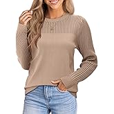 Womens Puff Sleeve Hollow Out Sweater Tops Crewneck Neck Long Sleeve Knit Slim Fit Blouse Elegant Basic Tee Tops