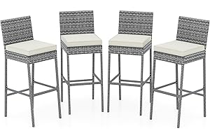 HAPPYGRILL Patio Wicker Barstools Set of 4, Outdoor Bar Height Chair w/Soft Seat Cushion & Cozy Footrest, Heavy-Duty Metal Frame, 400 lbs Max Load, Rattan Armless Bar Chairs