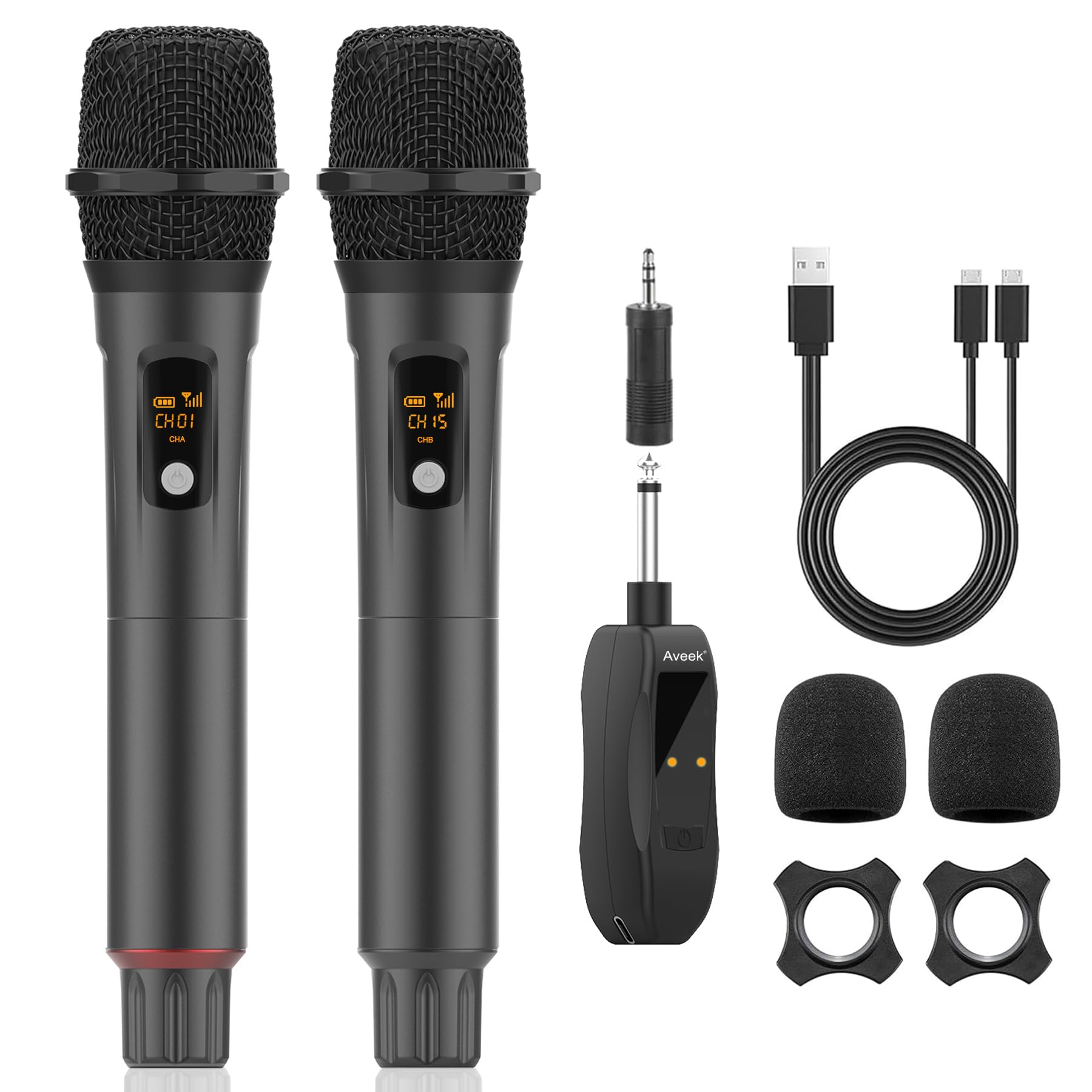 Aveek Karaoke Wireless Microphones, Professional Microphone for Singing, 2.4GHz Cordless Handheld Microphone, 6.35/3.55mm Mic Hole with Rechargeable Receiver for Speaker, Speech, DJ, Party(2pcs)