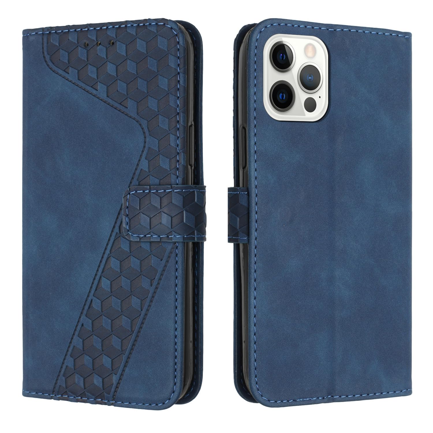 TOHULLE for iPhone 12 for iPhone 12 Pro Case, Premium Leather Wallet Case Card Holder Kickstand Magnetic Closure Plaid Pattern Embossed Design Flip Folio Wallet Cover for iPhone 12/12 Pro - Blue
