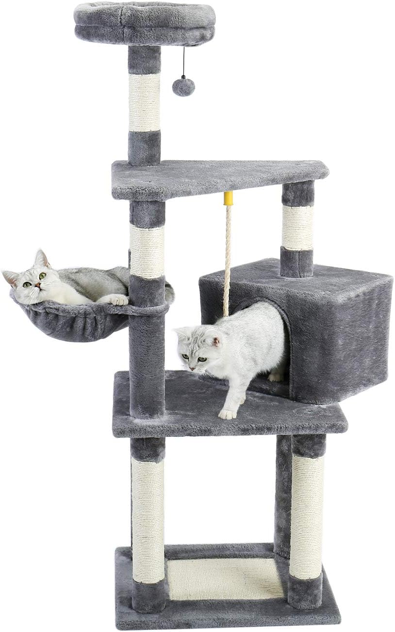 Made4Pets 53 Inches Cat Tree Cat Condo with an Extra-Large Scratching Pad, Basket(Supported by Two Posts) Gray
