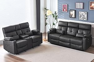 Consofa Power Recliner Sofa Set for Living Room, 2 Pieces Recliner Furniture Sofa Set, Power Reclining Sofa and Loveseat Set with Massage and Heat, Reclining Loveseat with Console for Living Room