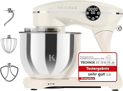 KLAMER Küchenmaschine 1800W, Knetmaschine Brotteig mit Edelstahl-Rührschüssel 6 L, 10 Stufen mit Timer, Planetenrührwerk, Rührbesen, Knethaken, Schneebesen & Sichtdeckel (creme)