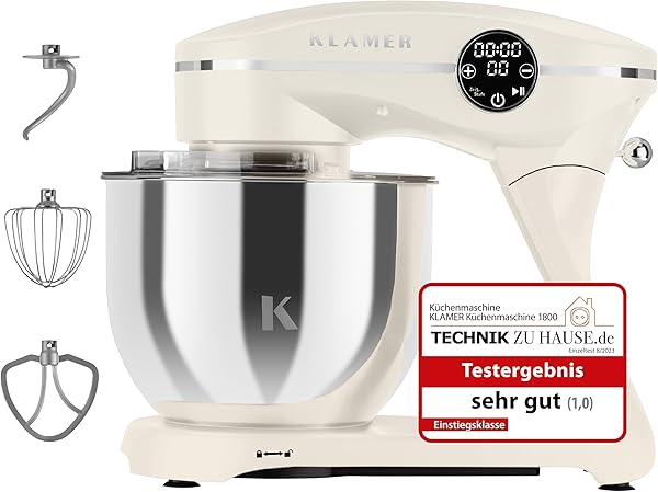 KLAMER Küchenmaschine 1800W, Knetmaschine Brotteig mit Edelstahl-Rührschüssel 6 L, 10 Stufen mit Timer, Planetenrührwerk, Rührbesen, Knethaken, Schneebesen & Sichtdeckel (creme)