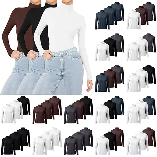 Womens 3 Pack Long Sleeve Tops Turtleneck Jumpers Long Sleeves Mock Neck Thermal Base Layer Top Slim Fit Warm Wicking Underwear Lightweight Breathable & Easy Care Shirts Ladies Winter Soft Pullover