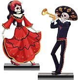 Vicenpal 2 Pcs Day of The Dead Decoration Dia De Los Muertos Decor, Scary | Day of The Dead Table Centerpiece Dancing Sugar Skull Wooden Signs Halloween Party Mexican Dia De Los Muertos Decorations
