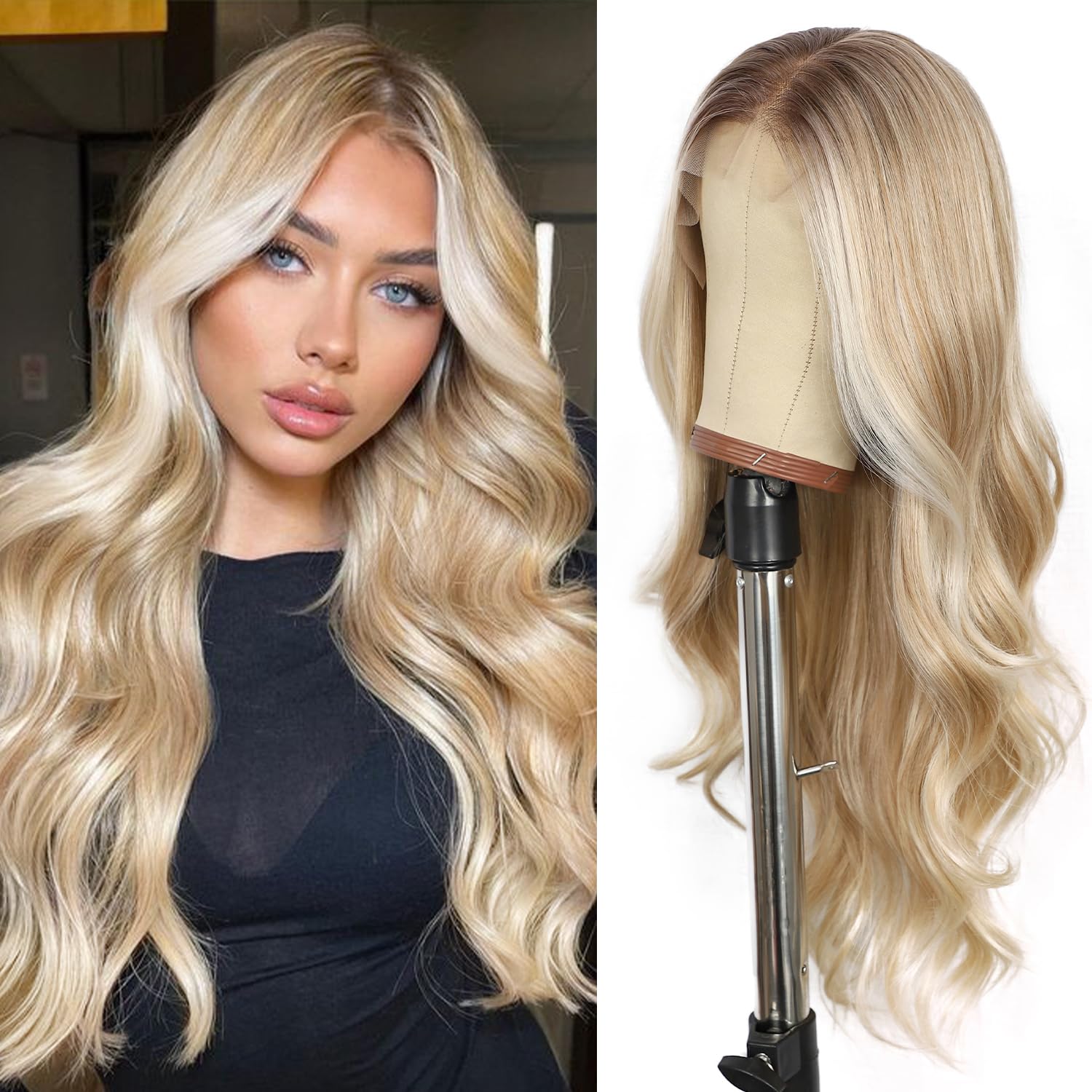 SOMIARIK Blonde Lace Front Wig, 13X4 Synthetic Lace Front Blonde Wigs with Dark Roots Pre Plucked with Baby Hair Natural Looking 150% Density Heat Resistant Party Date Daily Wear 22 Inch — image 1