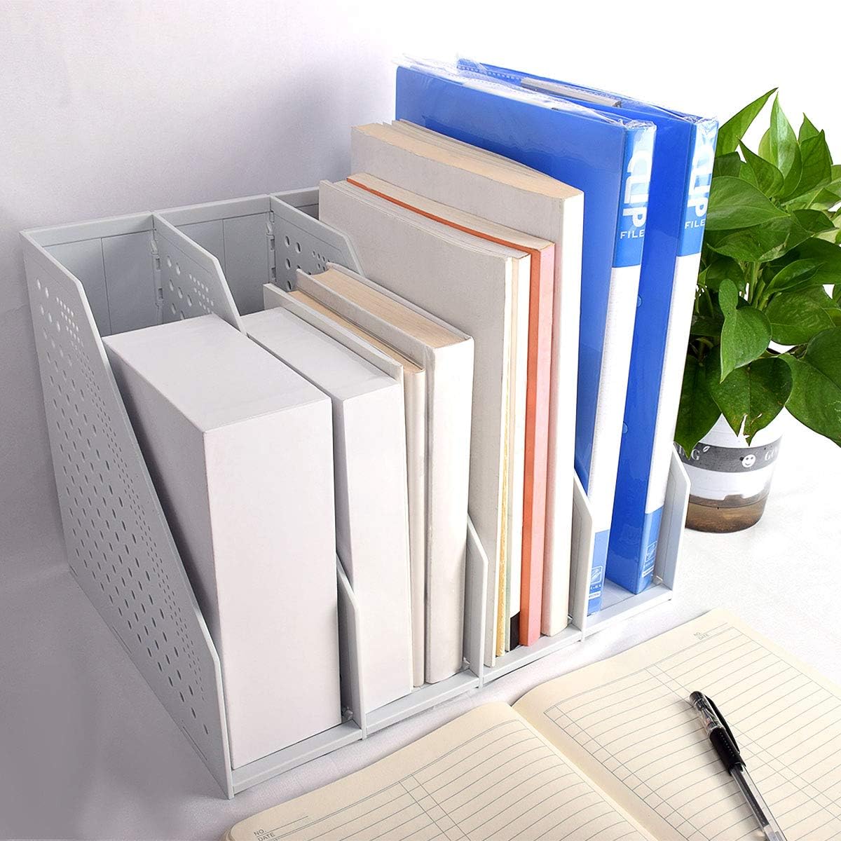 SAYEEC Desktop File Magazine Folder Holder 4 Section Plastic Hollow Documents Foldable Organizer File Cabinet Shelf Frames Dividers Rack Display and Storage (White) : Office Products