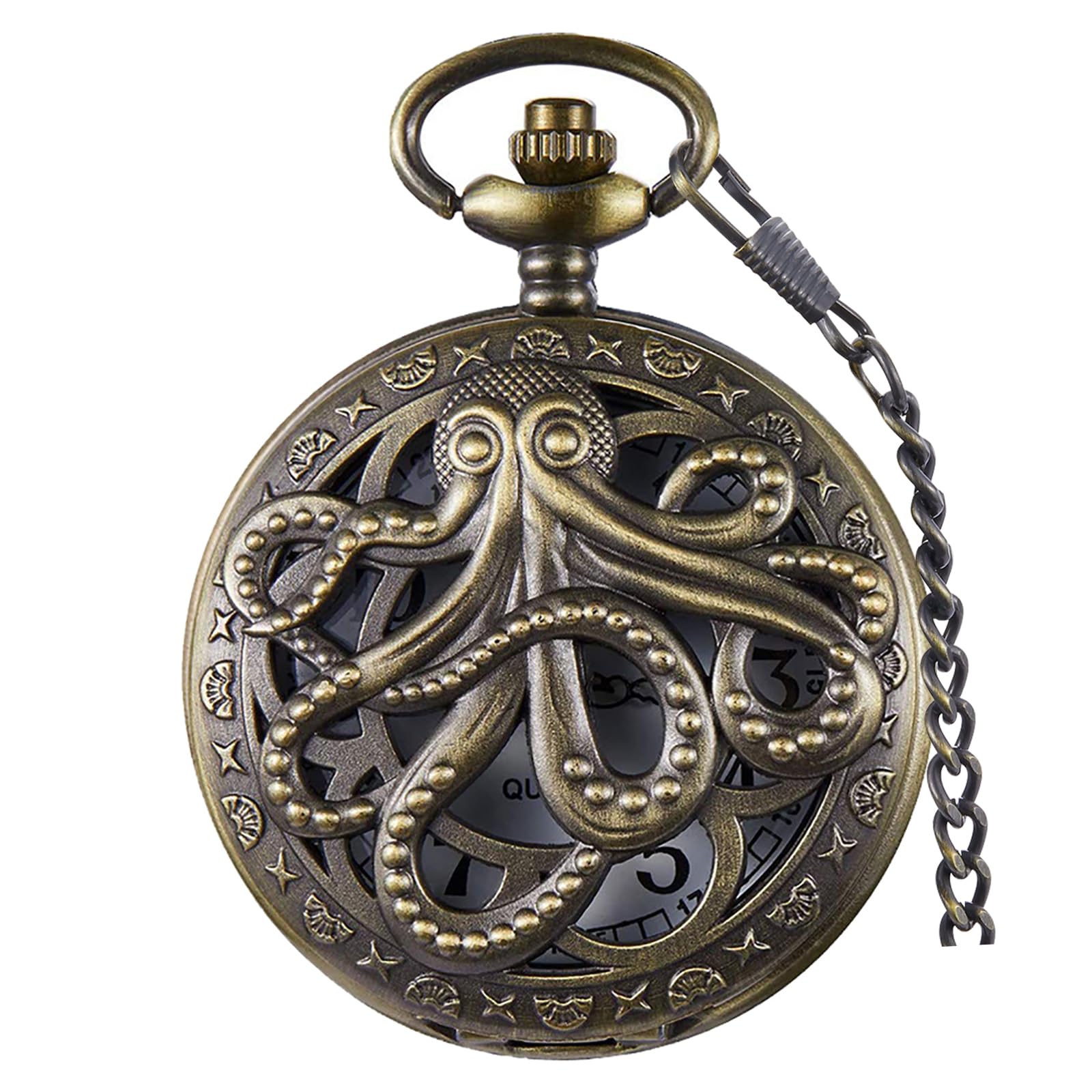 Tiong Vintage Octopus Hollow Quartz Pocket Watch Steampunk Bronze Pocket Watch with Necklace Gift for Men
