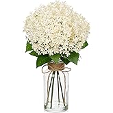 Arborus Artificial Hydrangea Flowers in Glass Vase with Faux Water, 13.8" Fake Cream Hydrangeas Arrangement Centerpiece for Home Café Kitchen Bathroom Decoration
