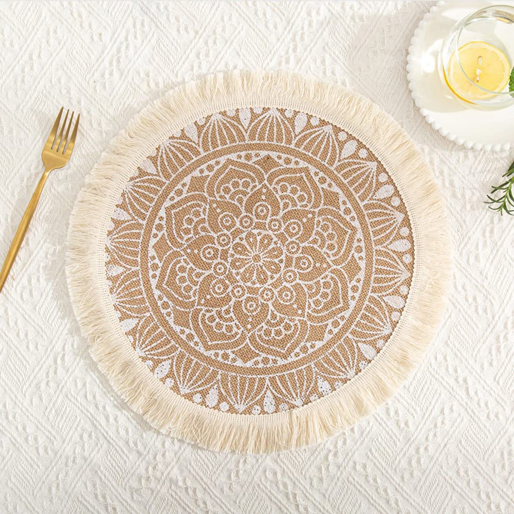 Duories Round Woven Jute Placemats, Boho Mandala Tassel, Set of 2 Black, White, 38 cm x 19 cm