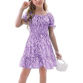 Goranbon Girls' Summer Floral Dress Kids 2025 Puff Sleeve Square Neck Smocked Flowy Sun Dresses
