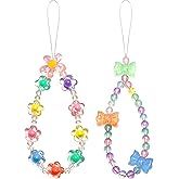 TRANSDECA Round Beaded Phone Wrist Strap, Cute Bow Charm Lanyard for Women, Keychain Wristlet Cellphone Charm, Beaded Camera Case Accessory (Pack 2pcs Bow and Flowers)