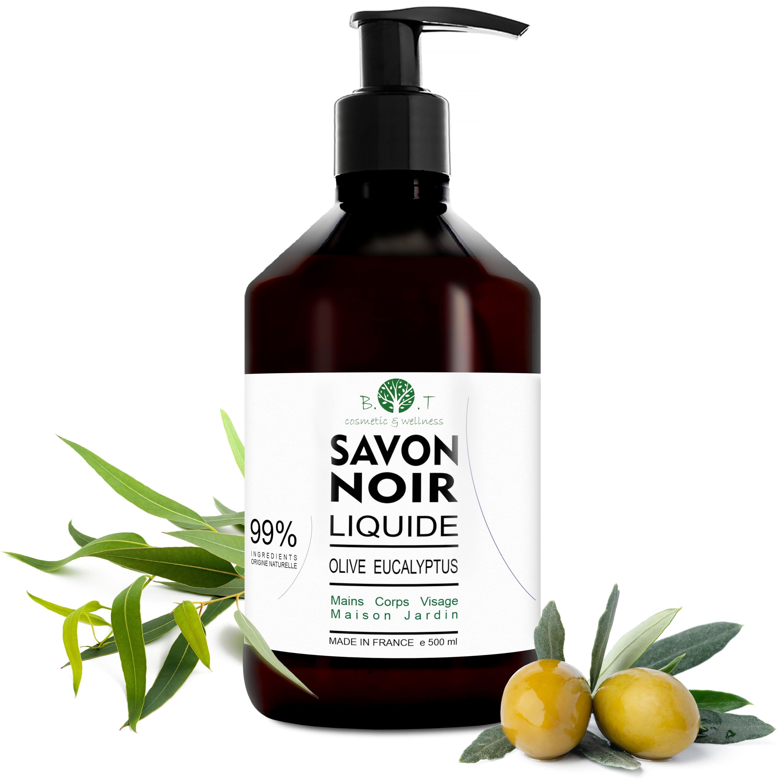 B.O.T Cosmetic & Wellness - Natural Liquid Black Soap with Olive & Eucalyptus Oil | Multi-Use Cleaner & Hypoallergenic Wash | Concentrated, 500ml