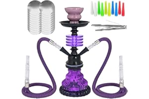 IMPACHETA Hookah set with everything - Hookah Set 2 Hose Hookah – 12” Mini Hookah 2 Hose Hookah Set with 50x Foil Hookah Bowl 50x Tips 2x Mouthpiece 2x Hookah Hose Tongs Hookah Kit (Purple)