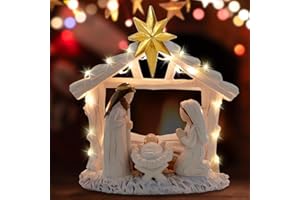 TTQ Christmas Nativity Scene with LEDs Lights,Lighted Up Resin Holy Family Nativity Figures 6 Inches Set,Indoor Manger Scene Religious Decor Gift for Home Tabletop Mantle Fireplace
