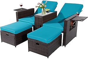 VUYUYU 5PCS Outdoor Wicker Chaise Lounge Chair - Rattan Adjustable Reclining Patio Lounge Chair with Ottoman and Coffee Table, for Patio Beach Pool Backyard (Brown Wicker Turquoise Cushion)